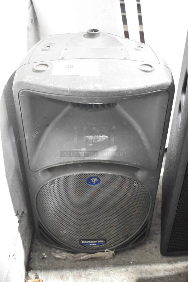 Three loudspeakers including Eurolive B212A, Mackie C300, and Yorkville TX4. Mackie C300 shown, slightly worn condition.