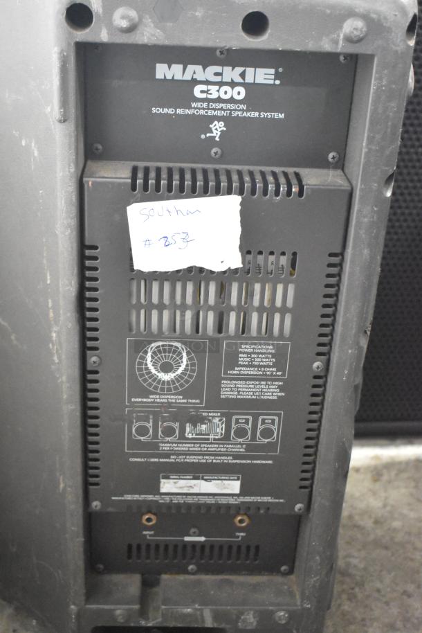 Three speakers: Eurolive B212A, Mackie C300, Yorkville TX4. Mackie C300 features wide dispersion, visible specs, and condition details.