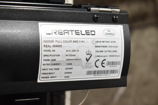 Createled AirBLADE-15 label showing specifications: indoor full color SMD, 1000x500mm panel size, 1250cd/sqm brightness.