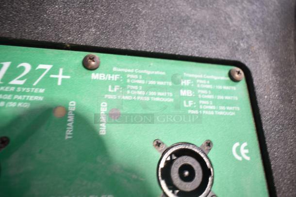 Electro-voice XLC127+ back panel showing configuration pins, ohm/watt specifications for biamped and triamped setups.