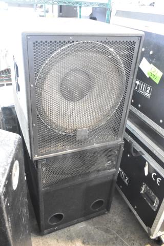 JBL M Pro MP418S 18" subwoofer, black, dual units. Features mesh grill, good condition, handles, and ported design.