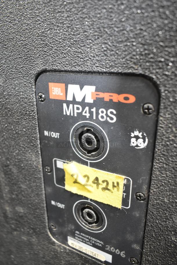 JBL M Pro MP418S subwoofer input panel with model number. Two inputs, yellow label marked "2242H."