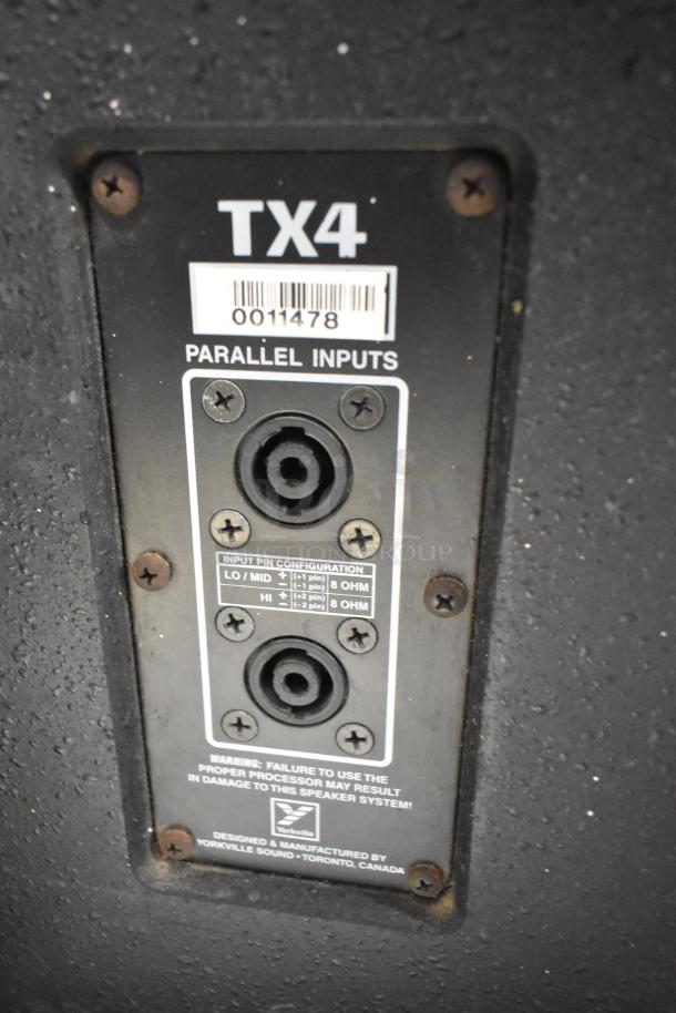 Yorkville TX4 speaker back panel showing parallel inputs and pin configuration. Serial number 0011478.