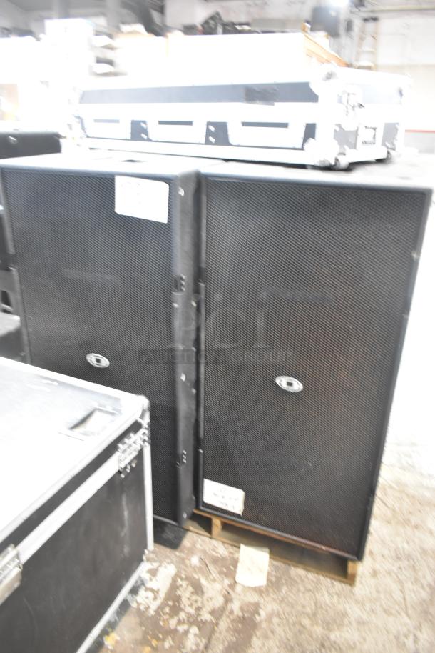 Dynacord PWH28 high-power double-18" subwoofer in planar-waveguide-basshorn design, shown with protective case.