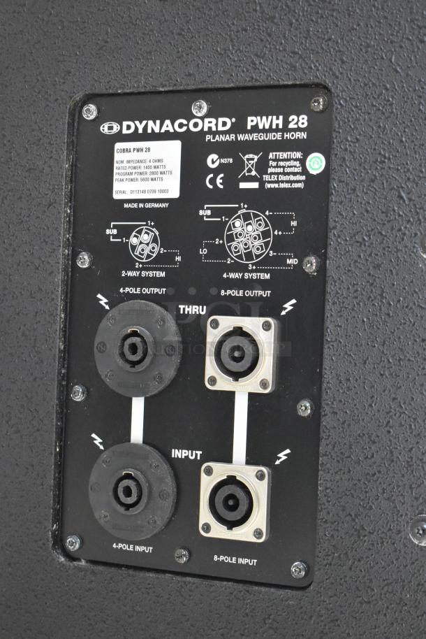 Dynacord PWH28 subwoofer panel showing input/output ports, rated 1400W, with impedance and system configurations.