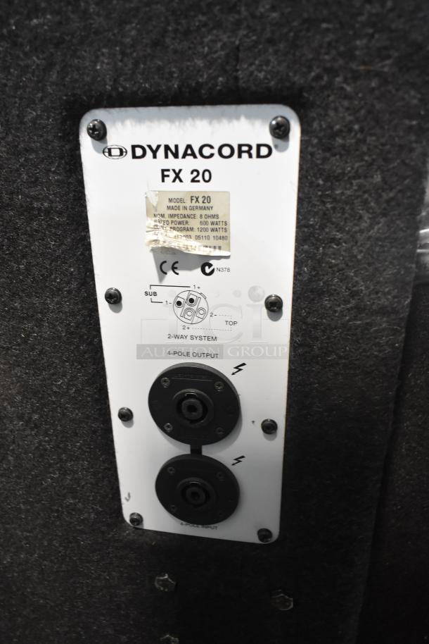 Dynacord FX20 cabinet speaker rear panel with input/output ports and power description tag.