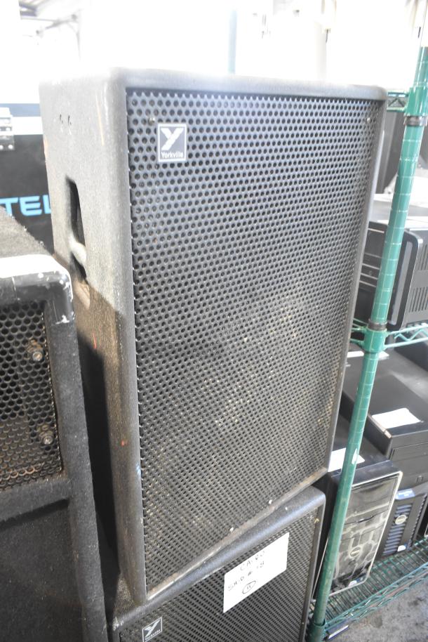 Three speakers including Yorkville TX4 model, shown with a mesh grille and Yorkville logo. Used condition, signs of wear.