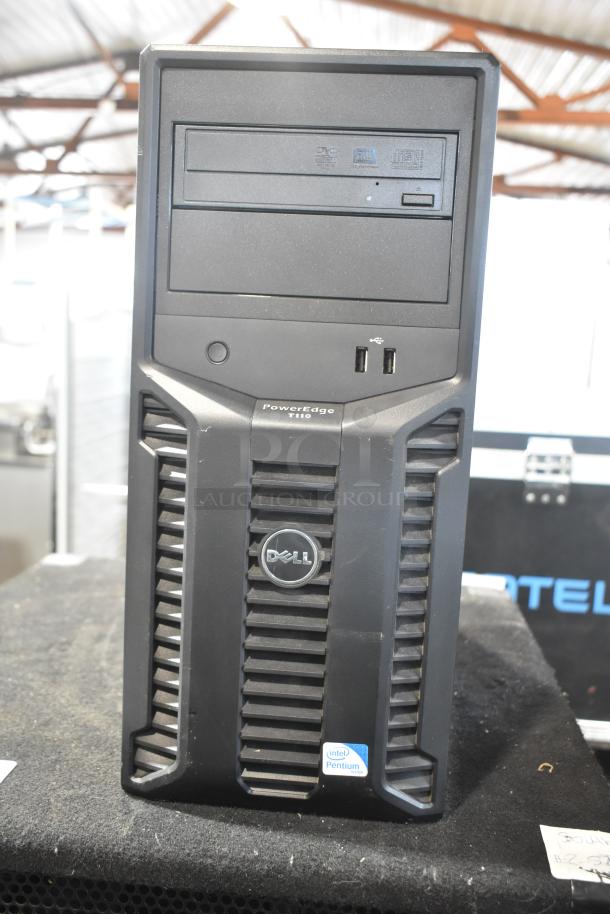 Dell PowerEdge T110 computer tower with DVD drive, USB ports, Intel Pentium sticker, in used condition.