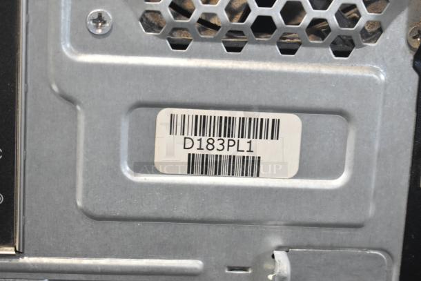 Dell DCMF computer tower, visible barcode D183PL1, supports 115/230 volts, 1 phase, showcasing connectivity ports.