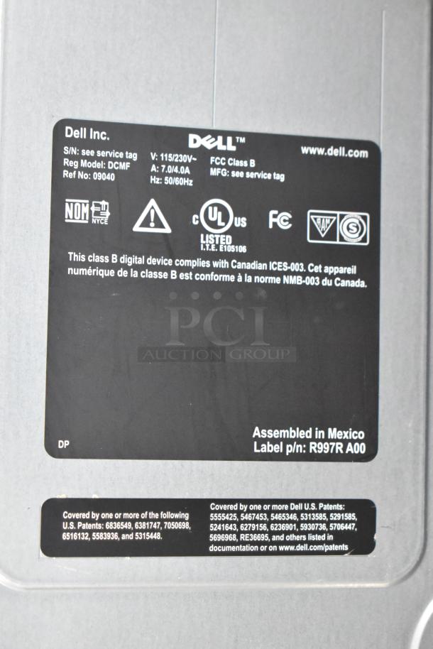 Dell DCMF Computer Tower label, 115/230V, 1 Phase, Model DCMF. Assembled in Mexico. Various compliance markings.