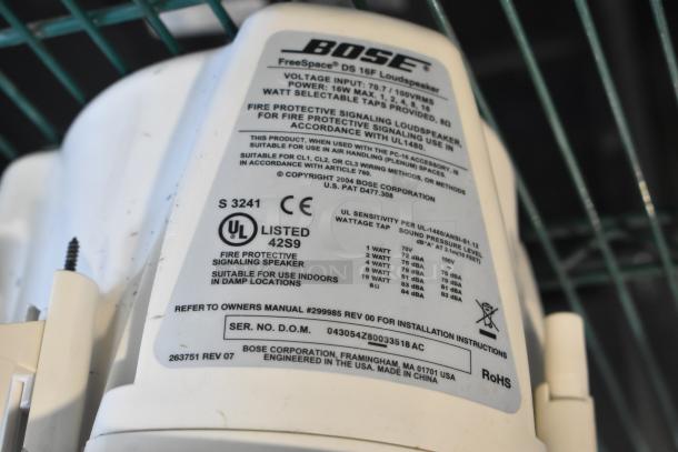 Bose FreeSpace DS 16F Loudspeaker label details; UL listed, fire protective, indoor use, voltage input 70.7/100V RMS.