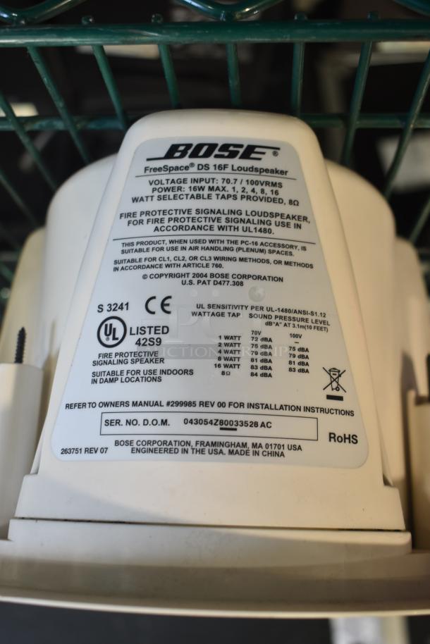 Bose FreeSpace DS 16F Loudspeaker label with voltage, power, and compliance info, serial number visible.