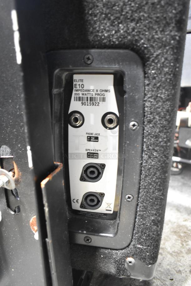 2 Yorkville Elite E10 Speakers, 8 Ohm, 200 Watts, with phone jack and Speakon inputs, model info visible.