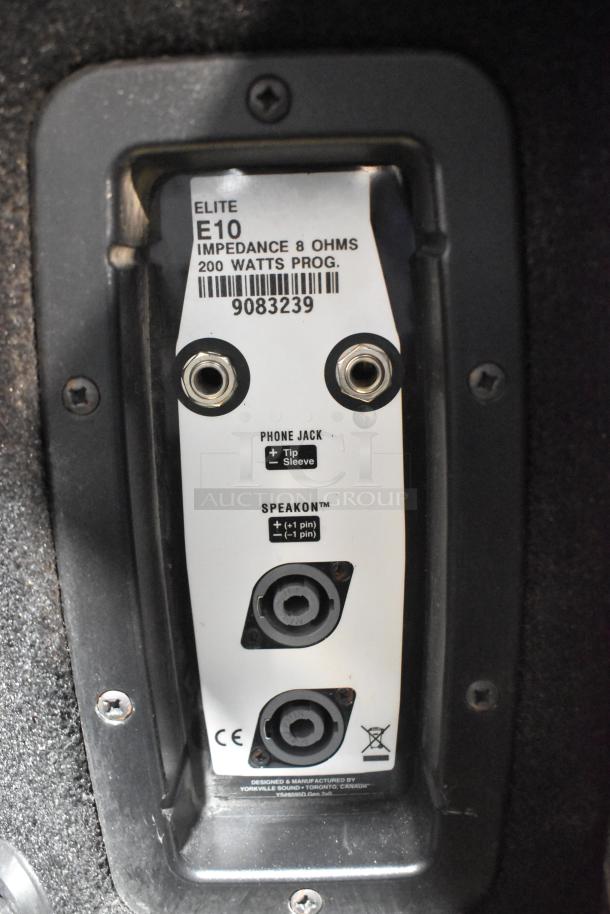 Yorkville Elite E10 speaker back panel with impedance 8 ohms, 200 watts, phone jack, and Speakon connections. Serial 9083239.