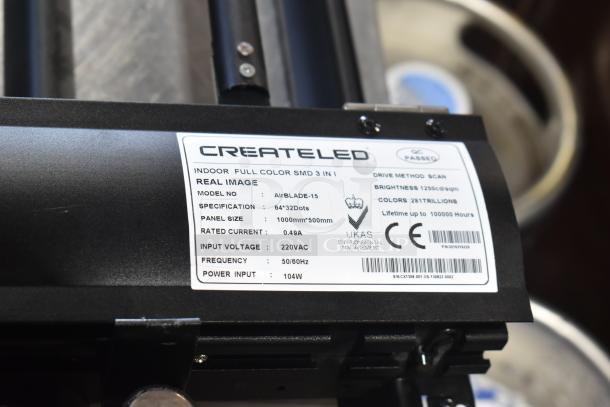Createled AirBLADE-15 full-color display panel, model info visible; indoor SMD 3-in-1, 1000x500mm, 220VAC, 104W.