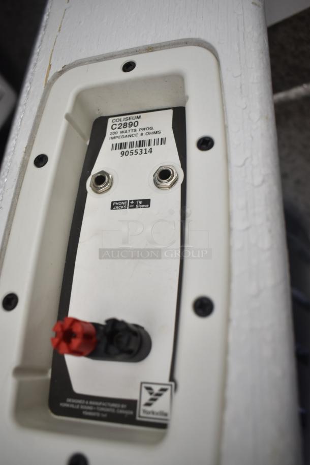 Yorkville Coliseum C2890 speaker back panel, 200 watts, 8 ohms, featuring input jacks and connectors, model details visible.