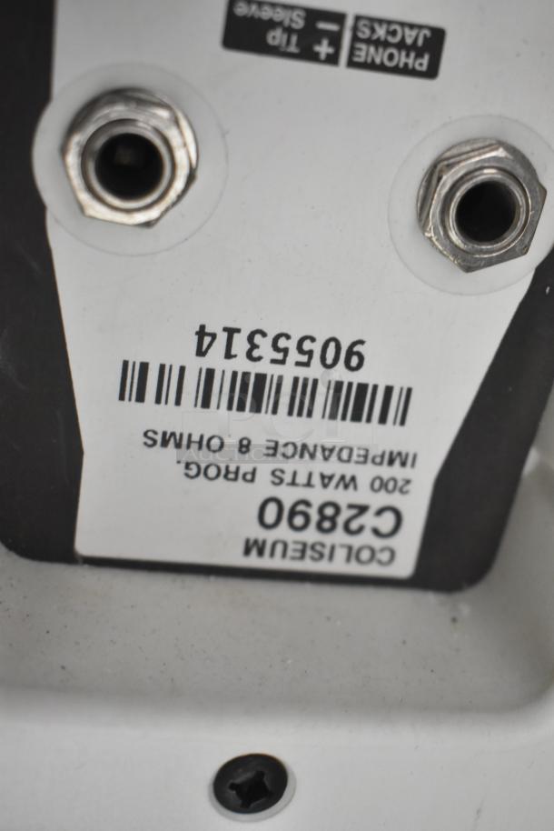 Yorkville Coliseum C2890 speaker label showing 200 Watts, 8 ohms, model number and phone jack inputs.