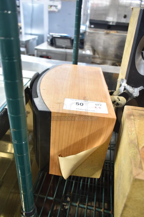 5 speakers including a Bose 201 V speaker on a shelf. Visible label reads "50 QTY 5" indicating auction details.