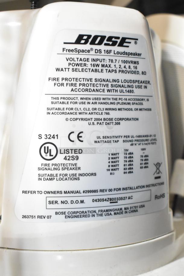Bose FreeSpace DS 16F Loudspeaker label with specs: 70.7V/100V power input, 16W max, UL listed for fire signaling.
