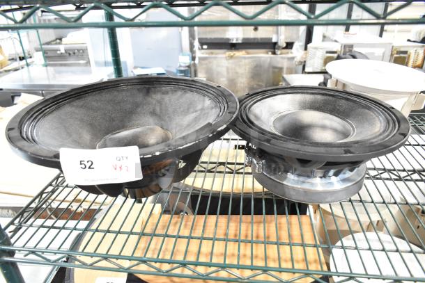 Two speakers: Faital Pro 12HP1030 and Yorkville NX750P, 8 ohm, on a rack. Tag reads "52 QTY X2".