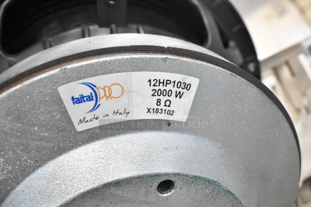 Faital Pro 12HP1030 speaker label, showing 2000W, 8 ohm, Made in Italy. Key auction item feature.