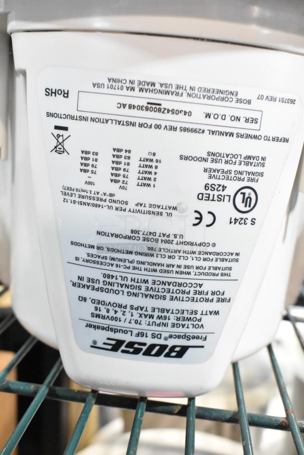 Bose FreeSpace DS 16F Loudspeaker label detailing specifications and compliance marks, indicating indoor use, UL listed.