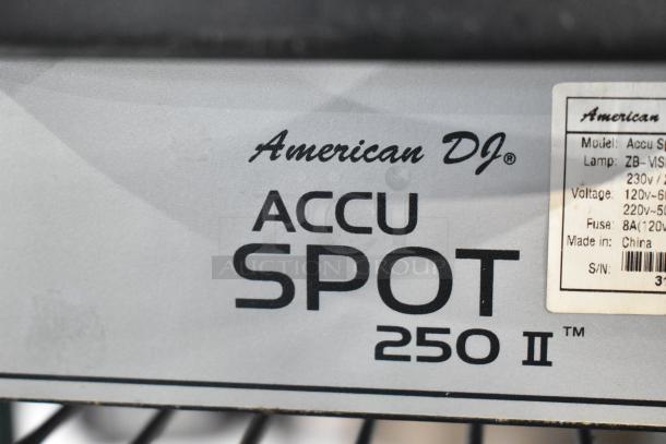 American DJ Accu Spot 250 II label, showing model details, lamp type, voltage, and manufacturing origin.