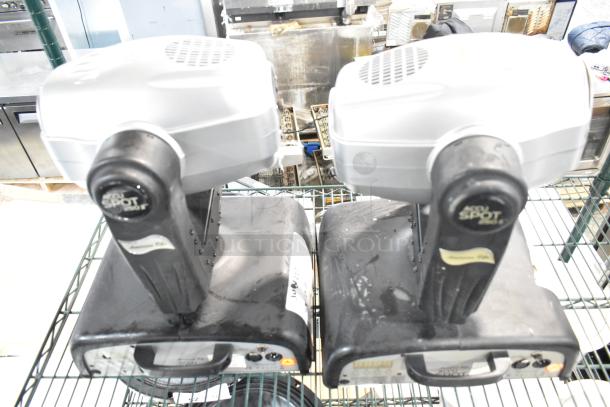 Two American DJ Accu Spot 250 II moving head lights; used, visible wear, DMX controls, club stage use.
