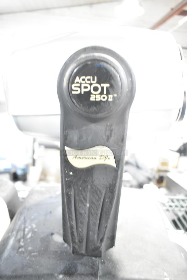 2 American DJ Accu Spot 250 II moving head lights, displaying brand label. Ideal for clubs, stage, DMX control.