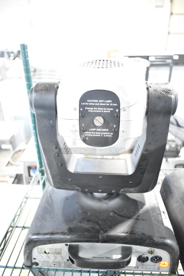 2 American DJ Accu Spot 250 II DMX moving head party lights, stage lighting, visible usage marks, caution label details lamp change.