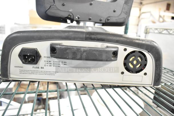 2 American DJ Accu Spot 250 II Moving Head Lights, DMX control, club stage use, power options shown, good condition.