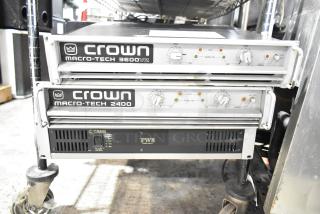 Crown Macro Tech 3600VZ and 2400 power amplifiers with Yamaha PW8 power supply, used condition, on auction.
