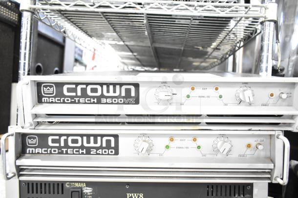 Crown Macro Tech 3600VZ and 2400 power amplifiers, Yamaha PW8 power supply; visible labels, sturdy condition.