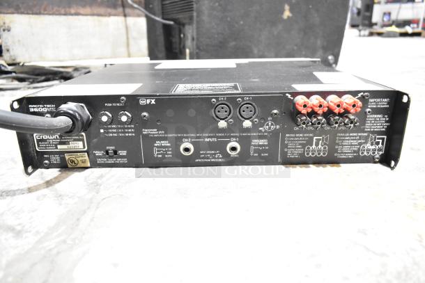 Crown Macro Tech 3600VZ power amplifier back panel showing inputs, outputs, and labels. Used, serial 653807.