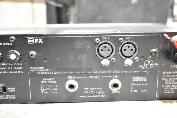 Crown Macro Tech 3600VZ back panel; features XLR inputs, balanced/unbalanced wiring. Includes Crown 2400 and Yamaha PW8 Power Supply.