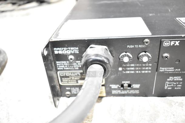 Crown Macro Tech 3600VZ Power Amplifier with label details and input connections, showing condition and specifications.