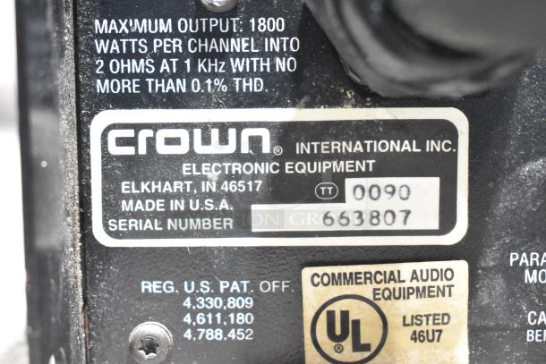 Crown Macro Tech 3600VZ amplifier label showing max output 1800 watts per channel, model details, and serial number.