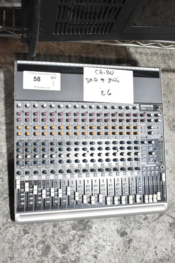 Mackie 1604-VLZ3 Premium Mic/Line Mixer with visible knobs, sliders, and labels. Auction tag reads "CAIRO SMD #26".