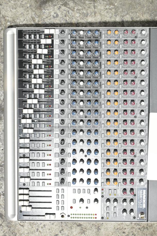Mackie 1604-VLZ3 Premium Mic/Line Mixer, featuring 16 channels, EQ controls, and robust build. Ideal for professional audio mixing.