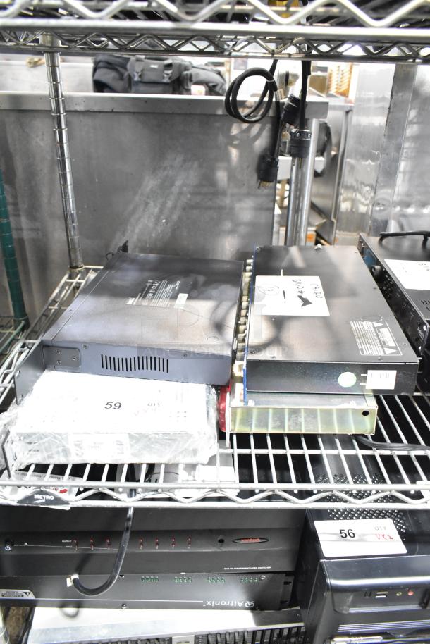 4 electronic items including Dell PowerConnect 2024 Switch, Rane CP 64S Processor, Alto Link Mixer, Furman PLP Conditioner on a metal shelf.