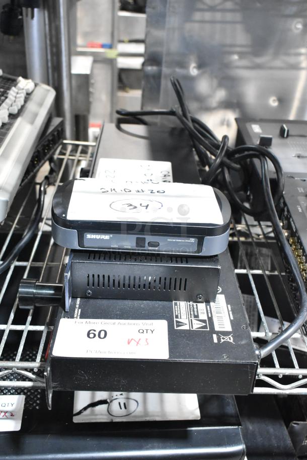 Three audio devices: Shure PG4, DBX DriveRack PX, Samson PowerBrite Pro15. Visible labels and cables included.