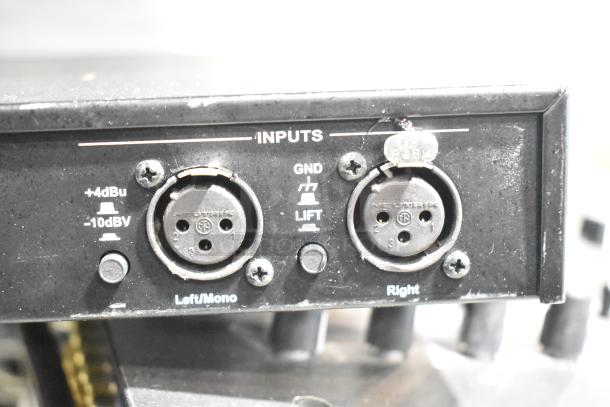Three audio items: Shure PG4 Internal Antenna Diversity, DBX DriveRack PX, Samson PowerBrite Pro15. Input panel shown.