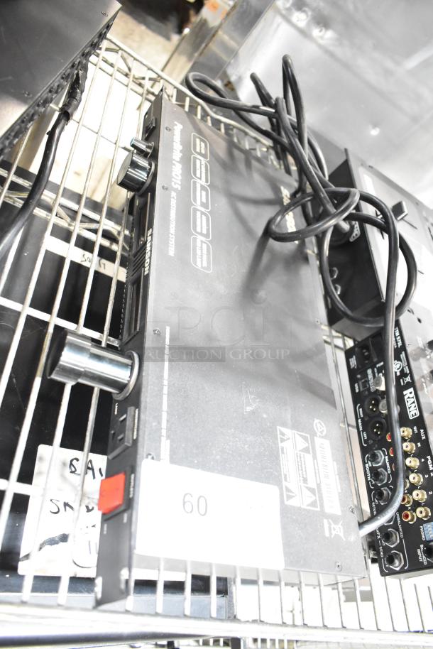 Three audio equipment items: Shure PG4 Internal Antenna Diversity, DBX DriveRack PX, Samson PowerBrite Pro15, on shelf.