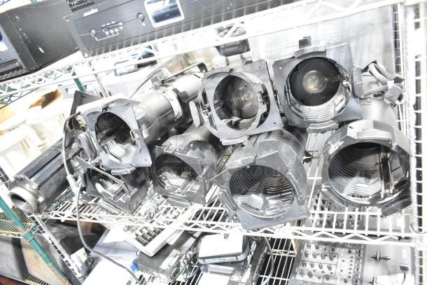 9 GoboSource ES-B10E stage lights in used condition, black, with visible wear. Suitable for professional stage setups.