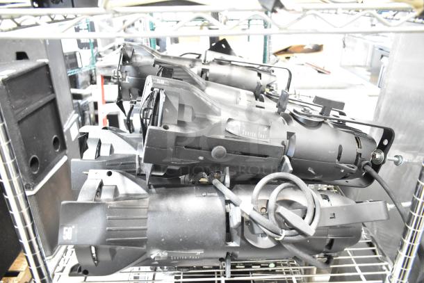 Nine GoboSource ES-B10E stage lights on metal shelf, black with adjustable knobs, in good condition.