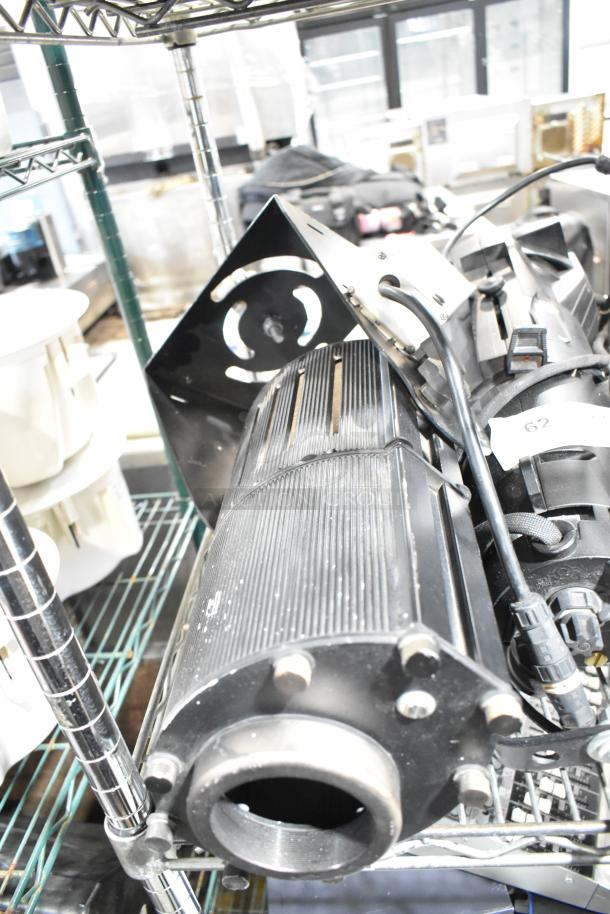 9 GoboSource ES-B10E stage lights, black, cylindrical design, visible wiring, slightly worn condition, item number 62.