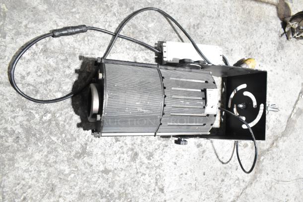 9 GoboSource ES-B10E stage lights, ribbed design, black finish, visible wiring. Professional use, good condition.