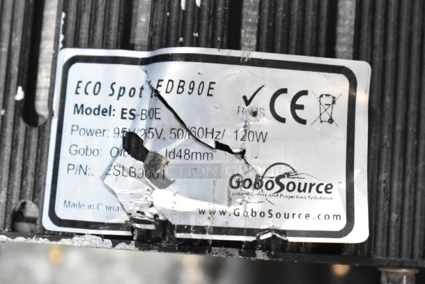 Close-up of GoboSource ES-B10E stage light label with model, power specifications, and visible wear.