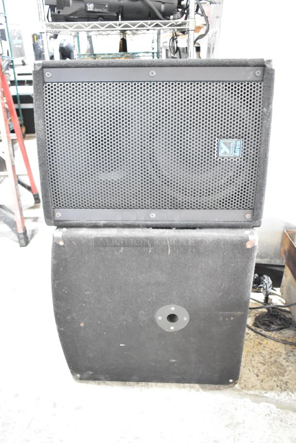 Yorkville Elite E12 speaker with metal grille and Yorkville LS700P subwoofer, black, used condition.