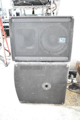 Yorkville Elite E12 speaker with metal grille and Yorkville LS700P subwoofer, black, used condition.